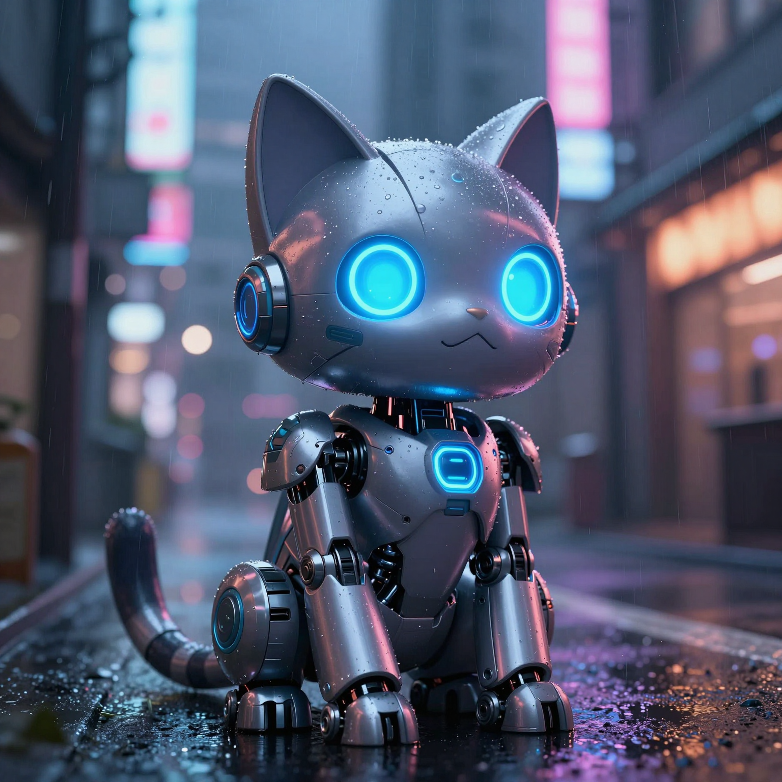 Z-Image AI generation demo: cyberpunk robot cat in a neon-lit rainy city